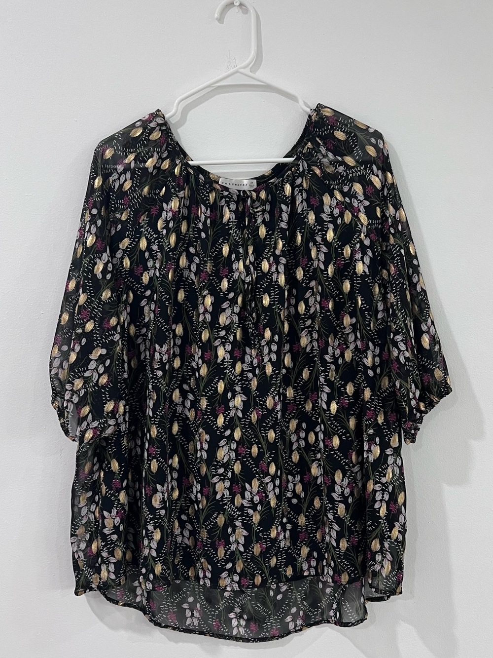 Plus Size Black Floral Blouse 2X Gold Metallic Whimsigoth Romantic Boho